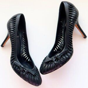 Dior Black Leather Strappy Cut Out Round Toe Bow Pumps Heels Dressy Formal Shoes